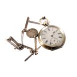 A gent's silver open faced fob watch, together with chain mounted with coins (2)