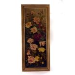 A gilt framed oil on canvas, depicting roses, signed J.Morton to lower right, approx 34cm by 95cm