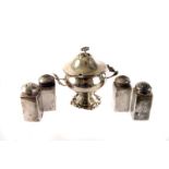 A set of four 925 marked silver pepperettes, together with a continental 925 marked silver