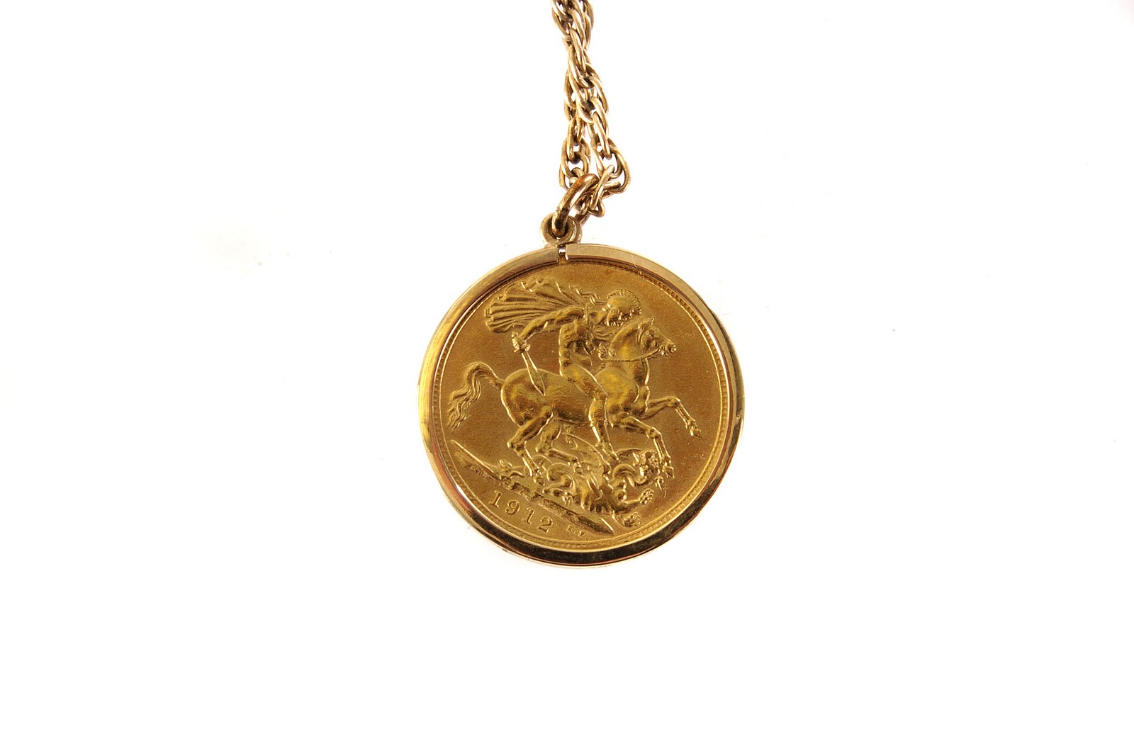 A George V full sovereign pendant, dated 1912, with 9ct gold mount and chain, approx 17g