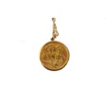A George V full sovereign pendant, dated 1912, with 9ct gold mount and chain, approx 17g
