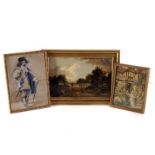 A collection of watercolours, oil on canvas, embroidered panels and print, comprising a 19th century