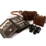 A pair of WWI Binoculars, in leather case, together with a food tin and flask in leather case plus a