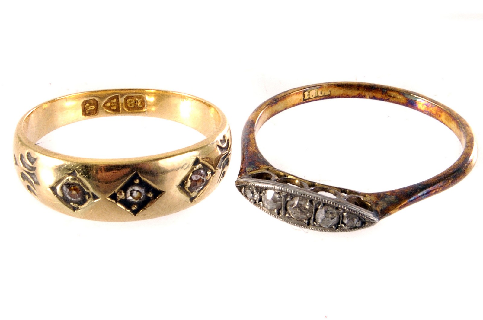 A Chester marked 18ct gold diamond ring, together with another 18ct gold five stone diamond ring (