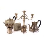 An assortment of silver plated items, to include tea pots, a candelabra, dishes etc, plus six mother