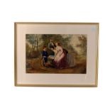 A 19th century watercolour, depicting a family scene within a park, mother, father and son with