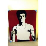 A large oil on canvas of Bruce Lee, having bright red background with black and white figure of