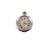 A pretty continental silver lady's fob watch, having white enamel dial with red Roman numerals and