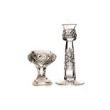 A collection of 19th century cut glass items, including a pair of Webb candlesticks, an oval dish,