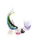 A selection of glass items, including Caithness, comprising paperweights, vases, a fish figure and