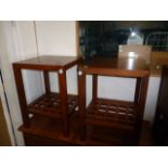 A pair of mahogany side tables, the square shaped design with lower criss-cross stretcher (2)