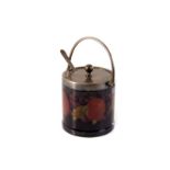A Moorcroft pomegranate pattern preserve jar, having white metal top, with handle and spoon,