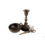 A pair of Victorian silver plated candlesticks, by Elkington, together with a pair of snips, grape