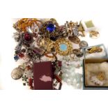 A collection of various costume jewellery, including an amber style bead necklace, a porcelain and