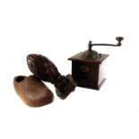 A collection of wooden items, to include a washing dolly, a coffee grinder, a finial, a carved