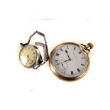 A gold plated Andrew Foster open faced pocket watch, together with a Medana white metal