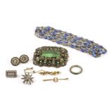 A group of eight pieces of jewellery, including a large Art Deco paste set brooch, two gold bar