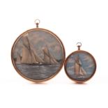 Two finely painted miniatures of clippers, one larger example with yachts, the other smaller of a