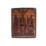 A 19th century Russian religious icon, the rectangular wooden panel having painted gesso upper