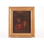 A 17th century Flemish school oil on oak panel, Virgin and Child with rayed halos, by the fireside