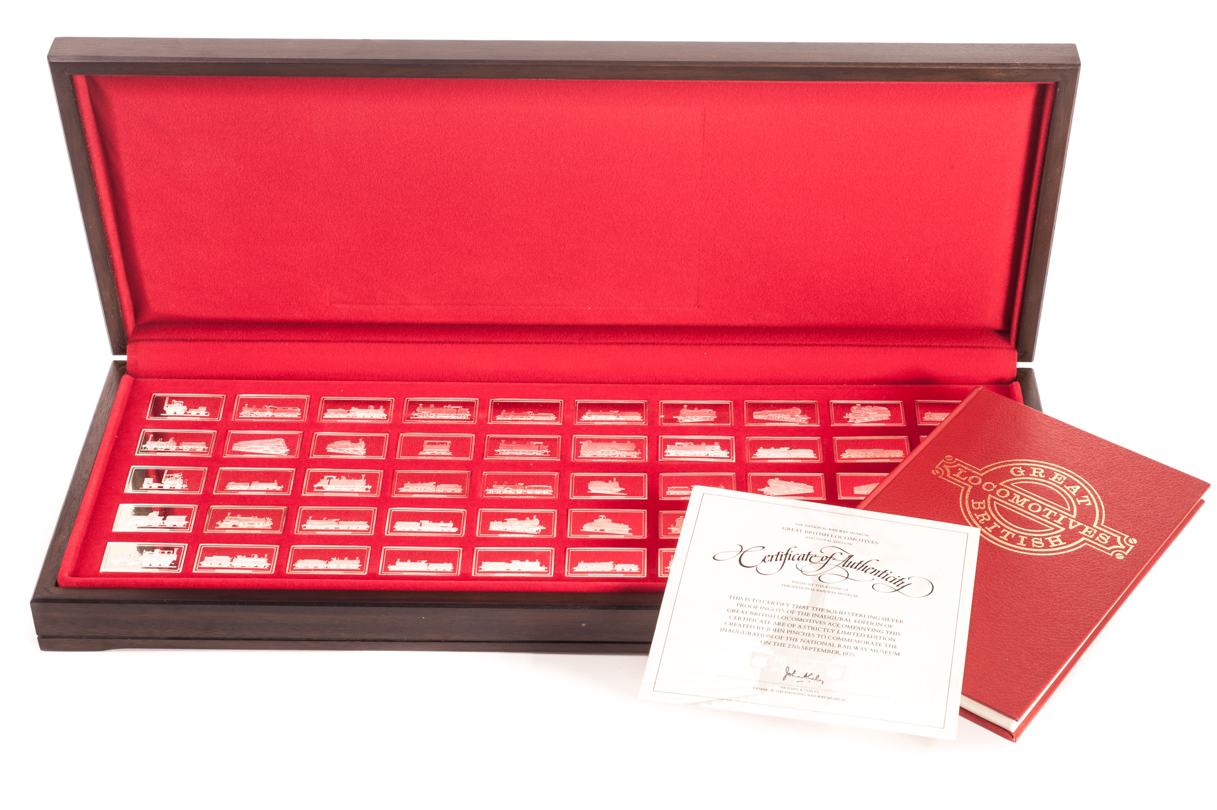 John Pinches Great British Locomotives silver proof ingot set, limited edition with certificate of