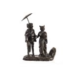 An unusual bronze anthropomorphic group, depicting a gentleman hound, with cape and umbrella,