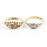 Two vintage rings, one a ruby and diamond in 18ct gold, the other an Art Deco engagement ring,