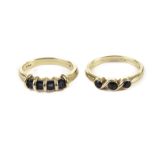 Two modern 18ct gold and gem set rings, one a three stone and one a four stone with sapphire style