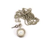 A pretty continental silver ladies fob watch, with heart shaped cut cover and enamelled dial,