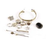 Three gold and gem set rings and other jewellery, including a large dress ring, an opal solitaire