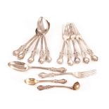 A set of William IV silver flatware, comprising six starter forks, six spoons, a sauce ladle, and