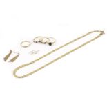 A group of 9ct gold and yellow metal jewellery, including a flattened link necklace, three gem set