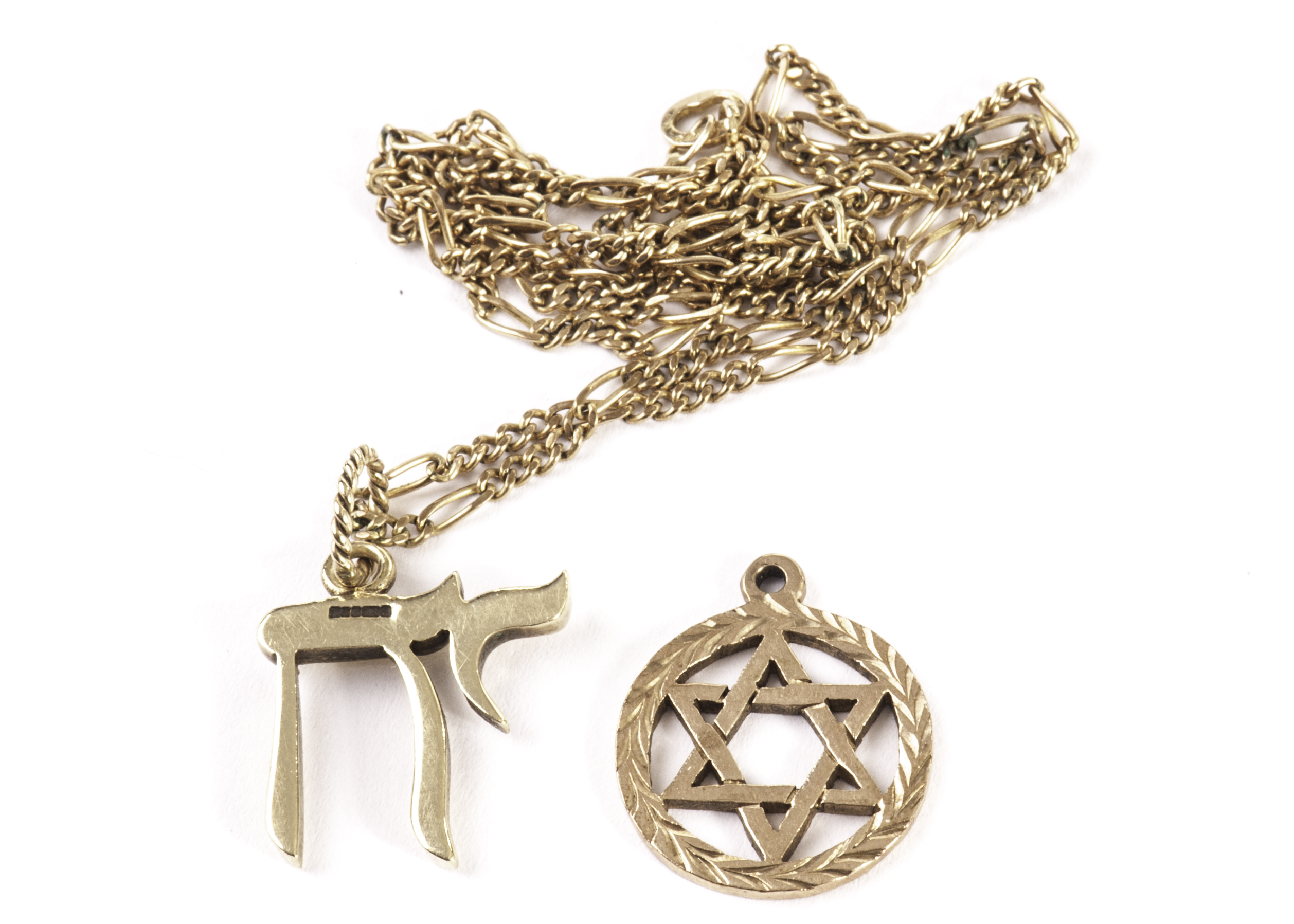 A 9ct gold Shalone pendant on chain, together with a 9ct gold Star of David pendant, approx 7g (2)