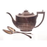 A George V silver teapot, having gadrooned lower and lid, dented, approx 17ozt, together with a pair