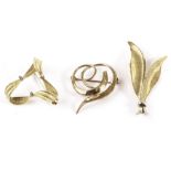 Three gold brooches, including an 18ct gold and diamond abstract triangular example, 7.5g, and