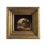 British School, 19th century, a well painted oil on board river scene of boys fishing, Archway and