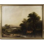 An English school 18th/19th century oil on canvas, pastoral landscape of cattle watering in the