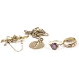 Four items of 9ct gold and yellow metal jewellery, including a bar brooch, a Mizpah ring, an