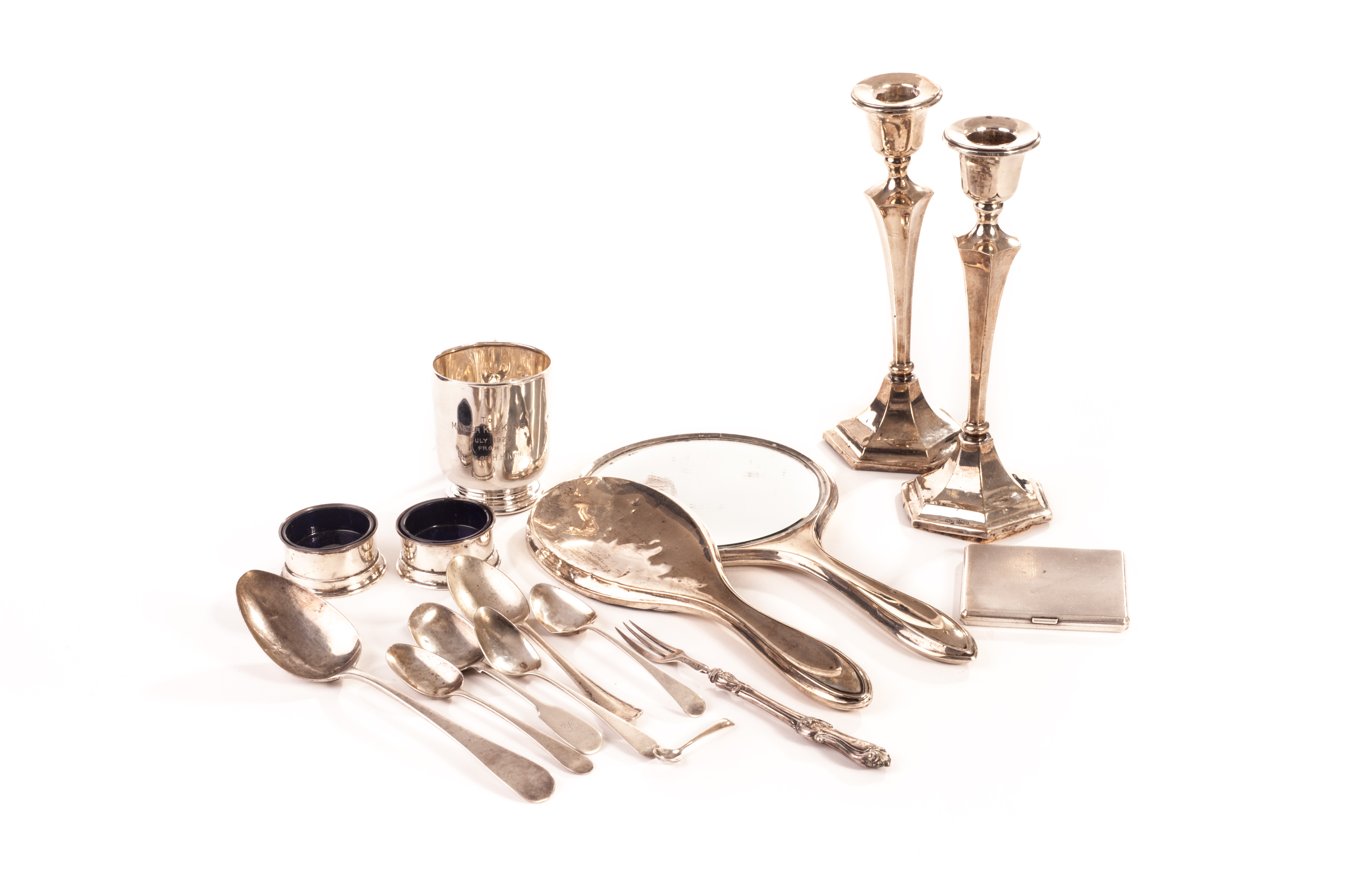 A selection of George III and later silver, including a George III serving spoon and tea spoons,