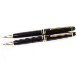 A Mont Blanc Meisterstuck biro and pencil set, both with gold plated mounts, in a leather pen