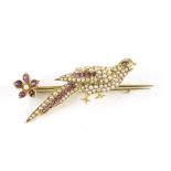 A vintage yellow metal and gem set bird brooch, modelled as parakeet encrusted with rubies and