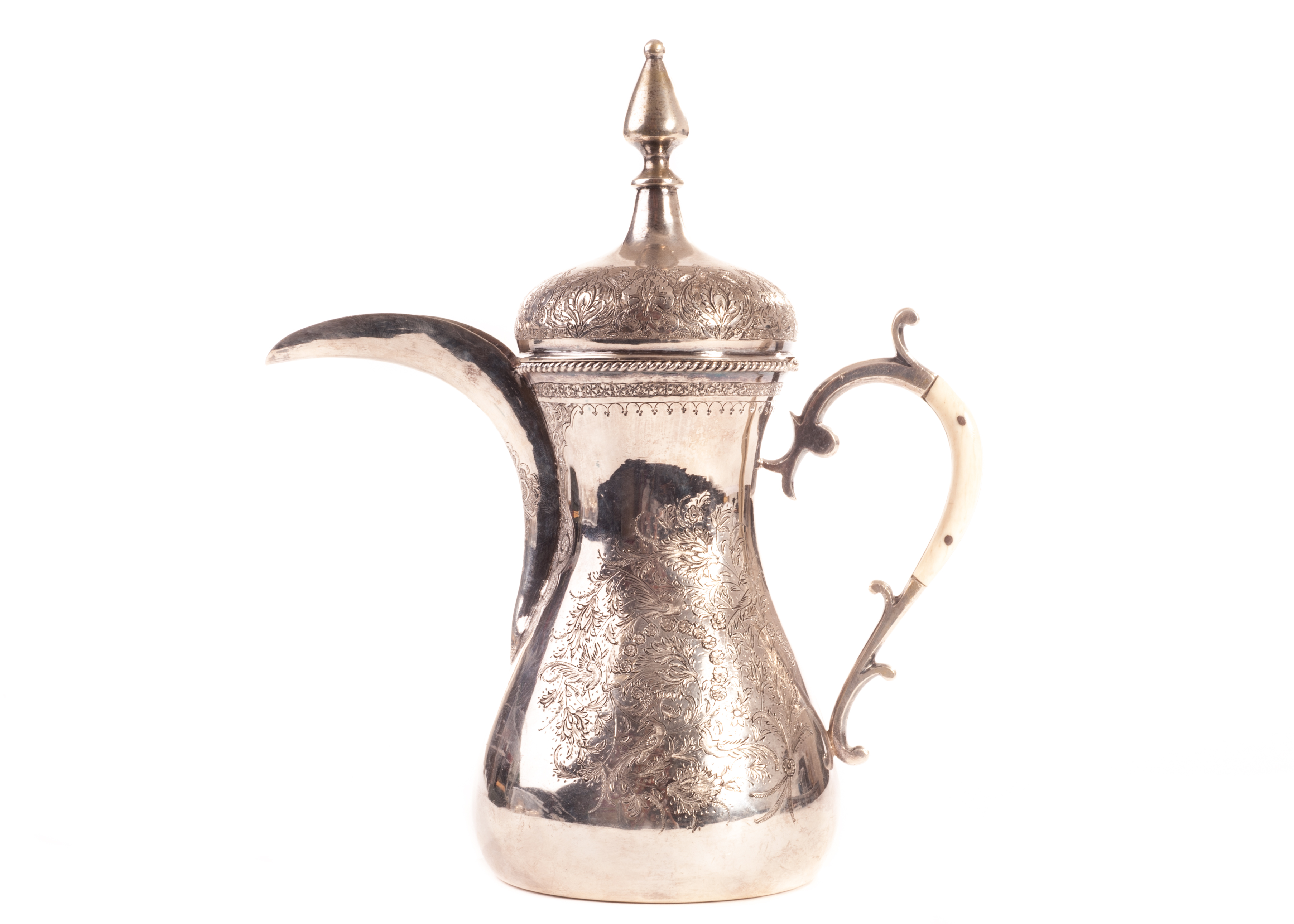 A middle eastern silver water jug, with nickel silver finial, and bone clad handle 21.5ozt total