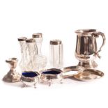 A collection of silverware, including a pair of silver serpentine cauldron salts, a silver
