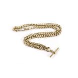 A very heavy 9ct gold double Albert watch chain, the graduated curb links, with snap clasps and T