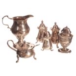 A George III silver cream jug and five cruet items, the jug with worn marks and repairs, also