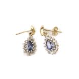 A pair of sapphire and diamond earrings, the cluster pendant mounts set with a teardrop shaped