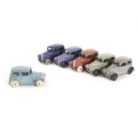 Pre & Post-War Dinky Toys 35a Midget Saloon, six examples, turquoise, dark blue, red, all with white