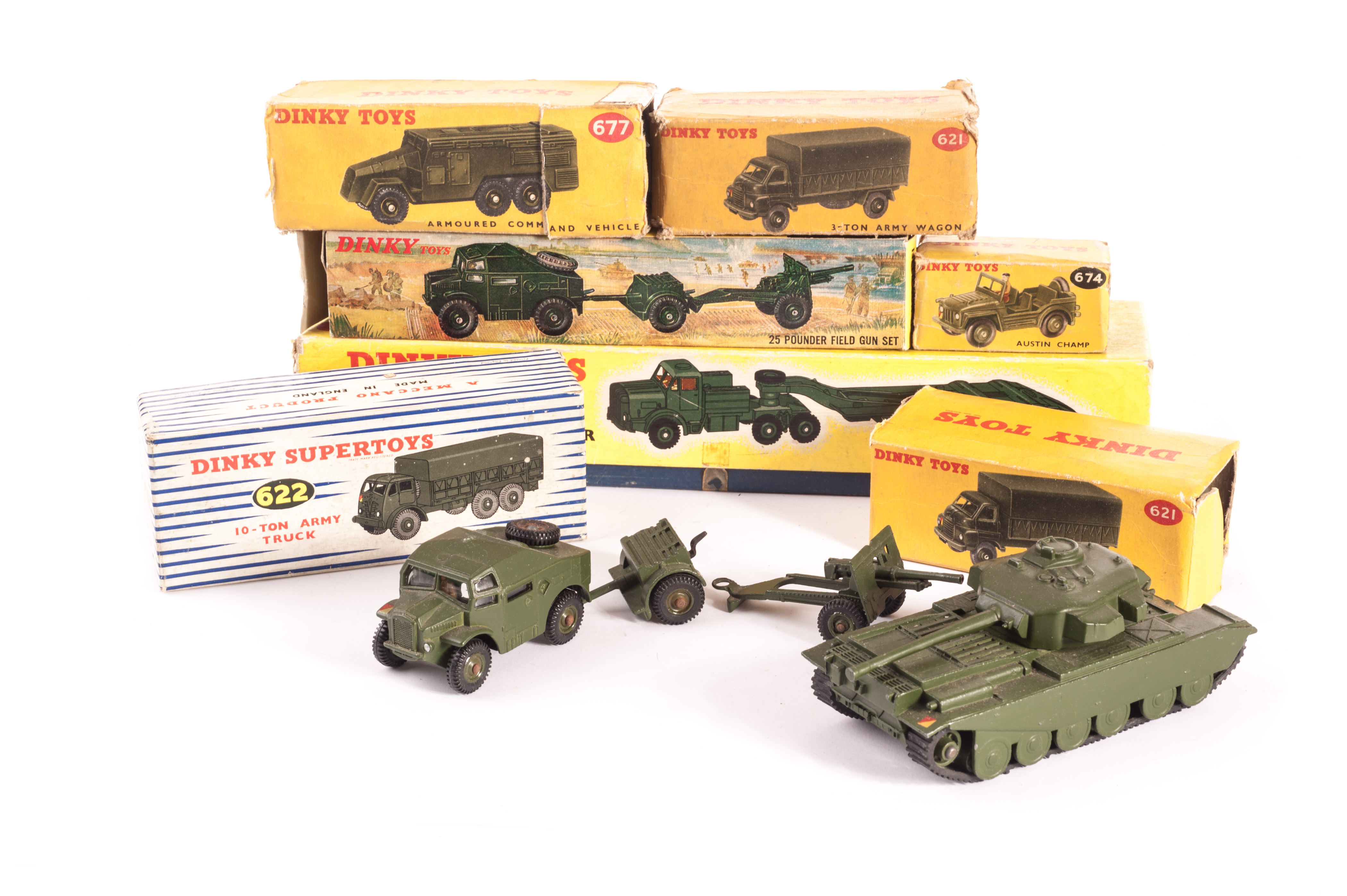Military Dinky Toys, 660 Tank Transporter, 697 25-Pounder Field Gun Set, 621 3-Ton Army Wagon (2),