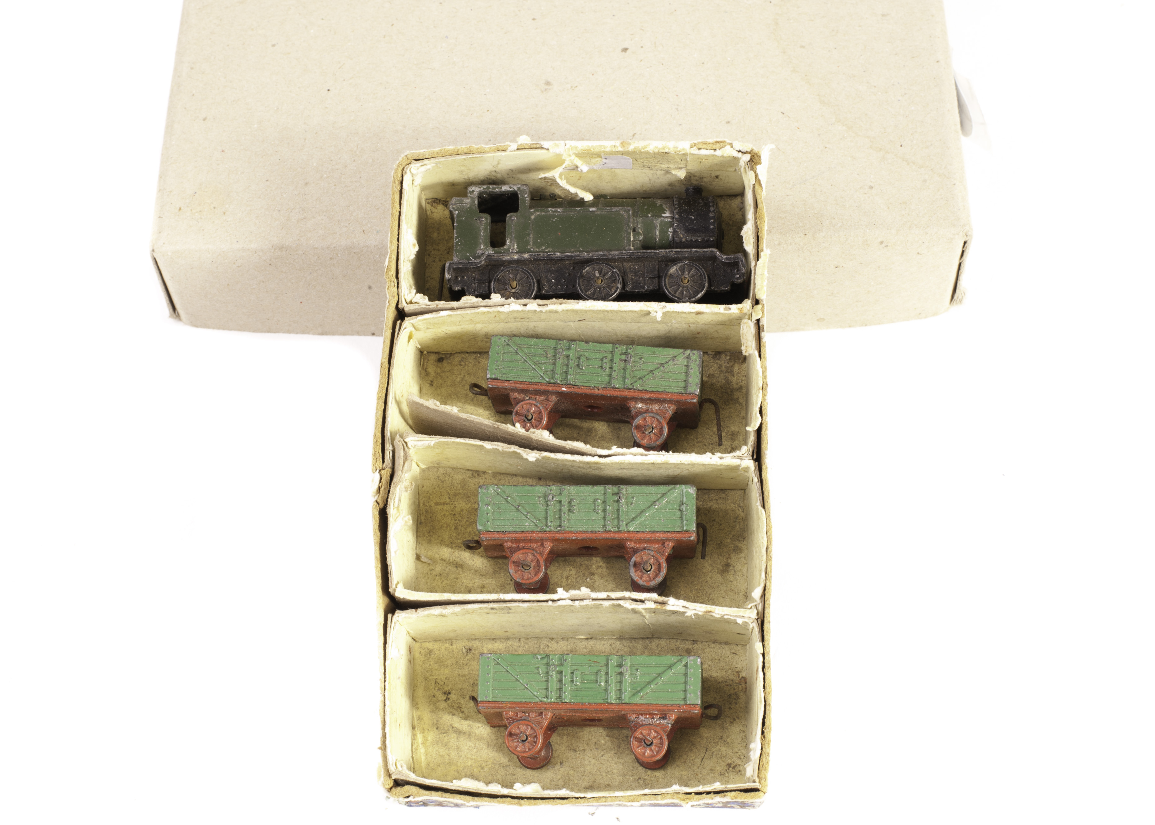 A Pre-War Dinky Toys 18 Tank Goods Train, comprising green 0-6-0 Tank Engine and three green and red
