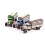 Dinky Toys 25b Covered Wagon, three examples, all type 3 closed chassis, green body, green tilt,